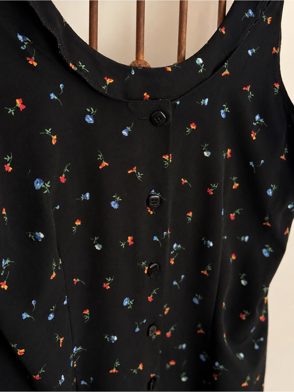 Vintage 90s Black Floral Button-Front Midi Dress - Size Medium - Picture 3 of 4